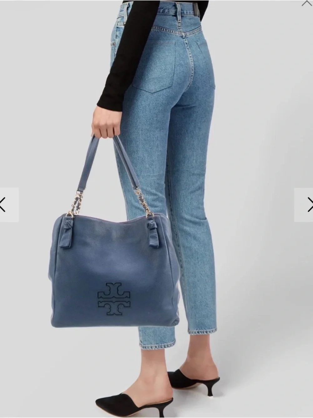NWOT Tory Burch Harper Pebbled Leather Shoulder Tote w/Chain Straps - Slate Blue - Picture 2 of 14